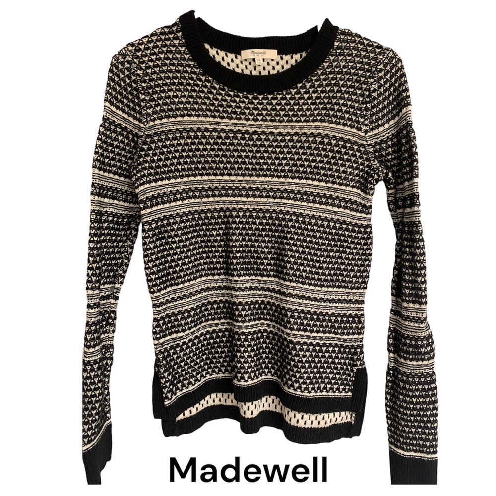 Madewell extra small xs crewneck sweater, black and white knit print
